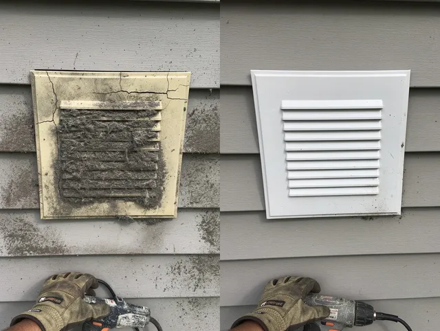 Lehigh Acres Dryer Vent Cleaning technician installing high-quality dryer vent cover at a residential property in Lehigh Acres