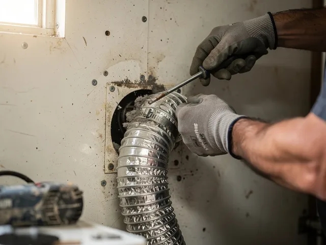 Lehigh Acres Dryer Vent Cleaning technician performing precise dryer vent hose installation in Lehigh Acres